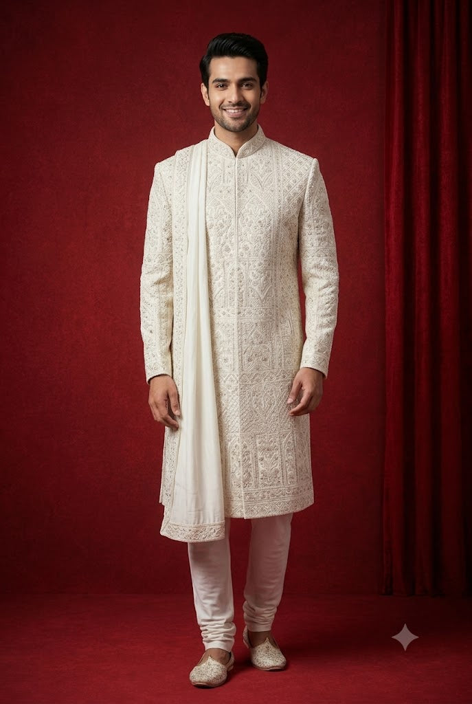 Royal Ivory Embroidered Sherwani with Stole