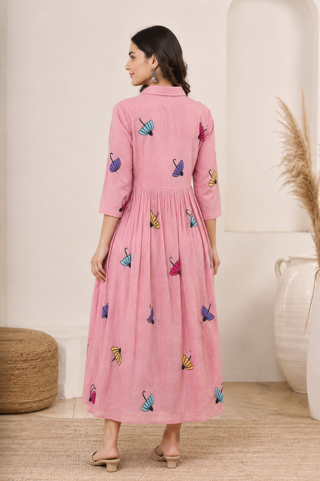 Blush Pink Butterfly Embroidered Shirt Dress