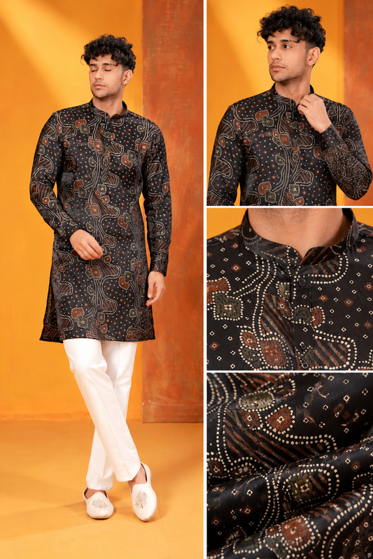Black Printed Festive Kurta Set for Men