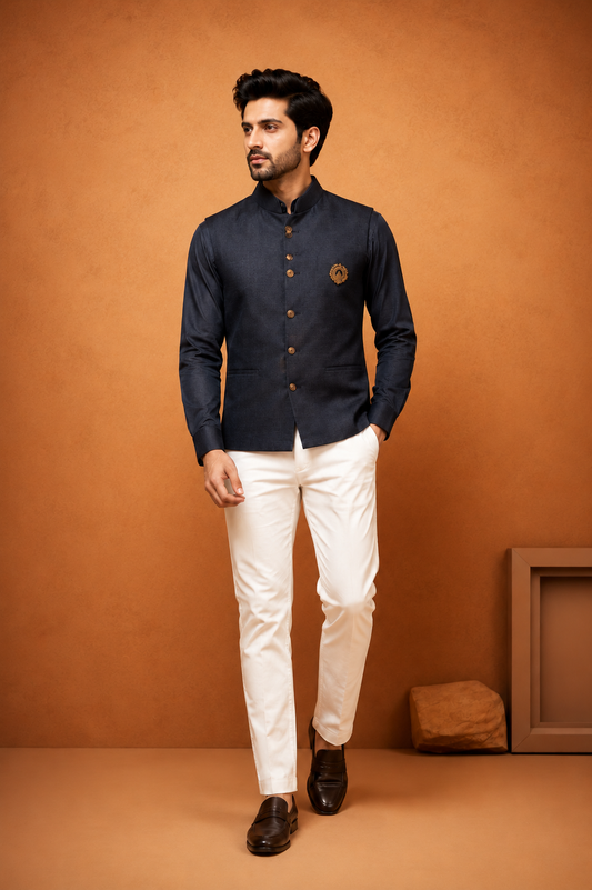 Men Navy Blue Plain Self Textured Shirt Jacket Set