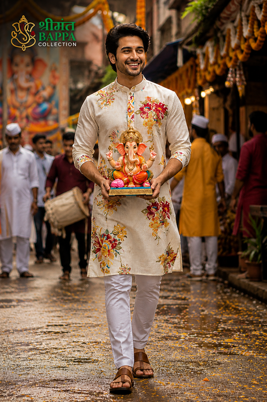 Ivory Floral Printed Festive Kurta