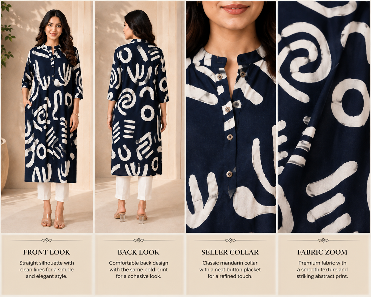 Navy Abstract Print Straight Kurti
