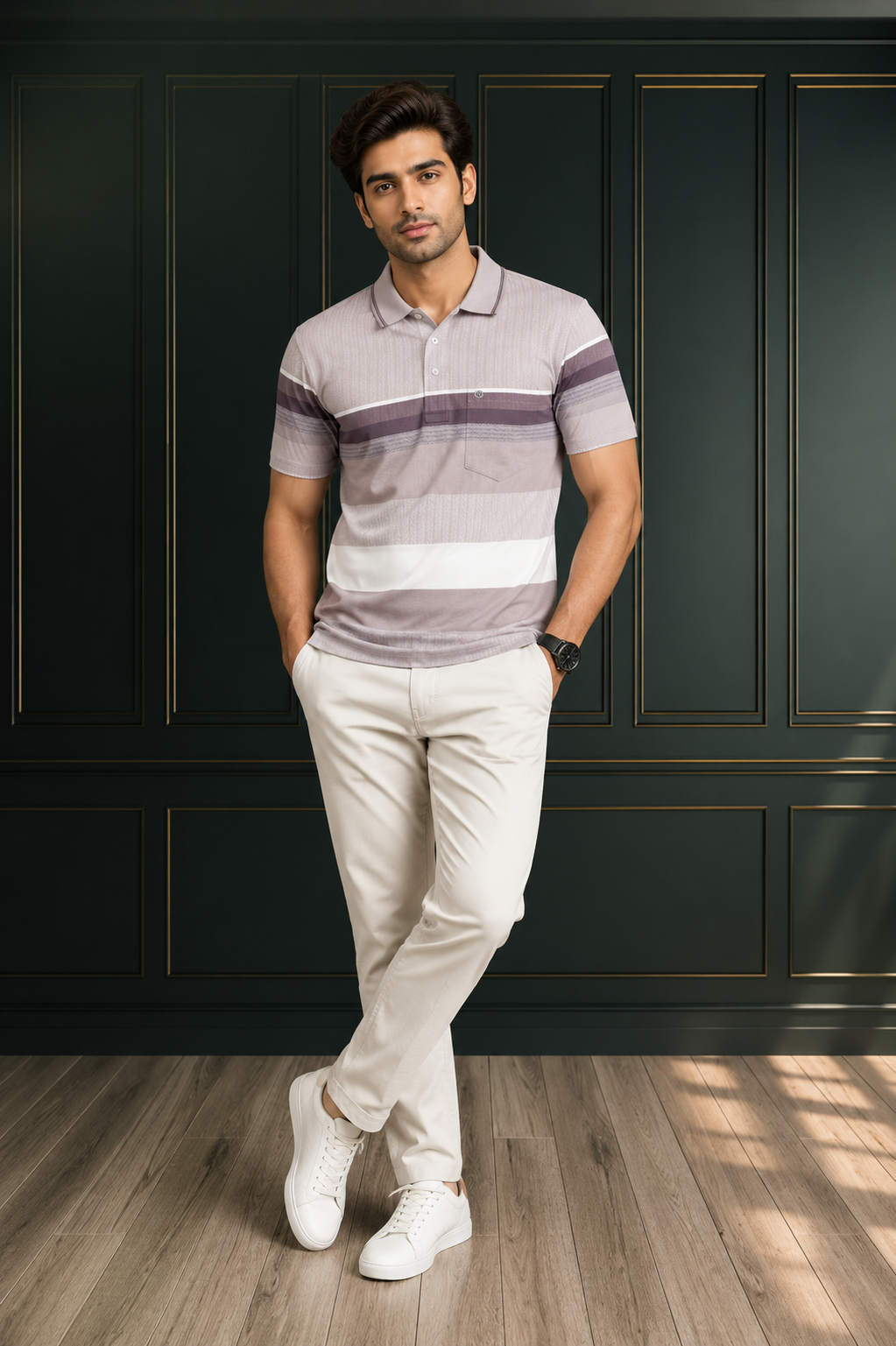 Men's Premium Mauve Striped Polo T-Shirt | Soft  Blend | Smart  Wear