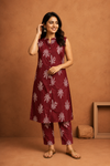 Maroon Botanical Print Kurta Pant Co-Ord Set