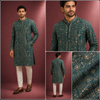 Teal Green Geometric Printed & Embroidered Kurta