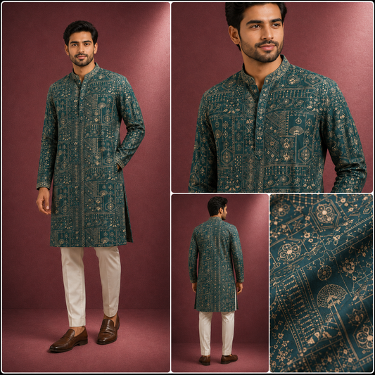 Teal Green Geometric Printed & Embroidered Kurta