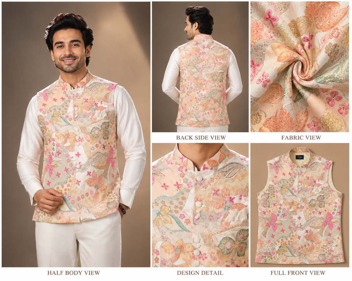 Ivory Floral Printed Nehru Jacket