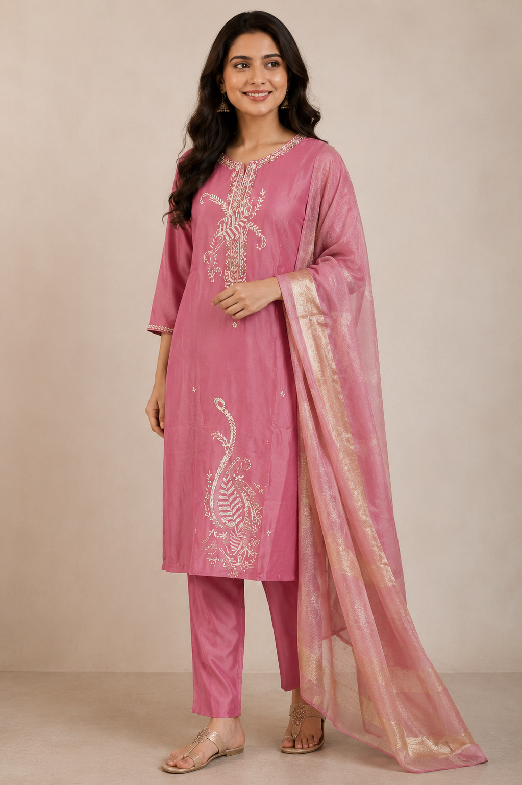 Rose Pink Kurti Pant & Dupatta Set