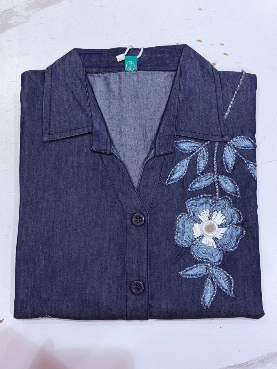 Women's Navy Blue Floral Embroidered Denim Co-Ord Set