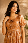 Rust Brown Floral Tiered Puff Sleeve Maxi Dress