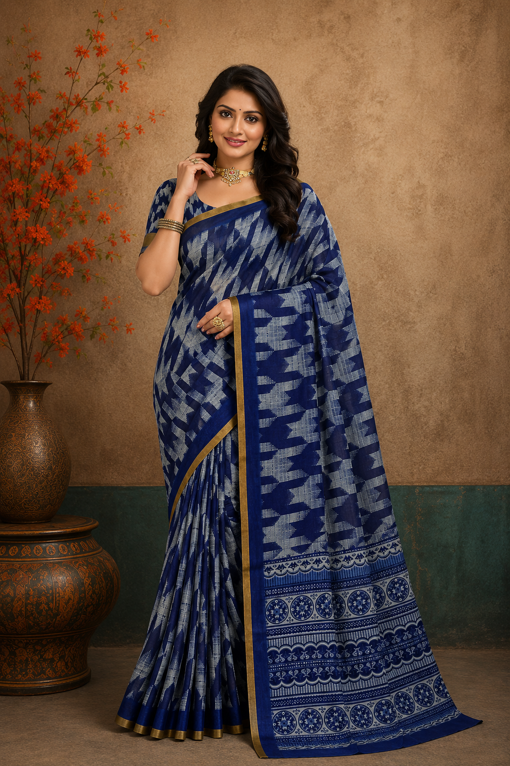 Royal Blue Geometric Print Designer Saree with Elegant Gold Border