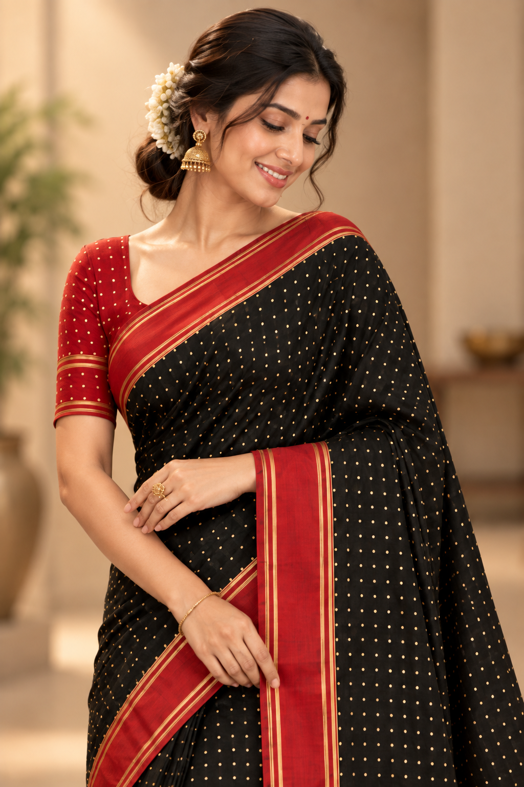 Black & Red Polka  Saree with Traditional Border