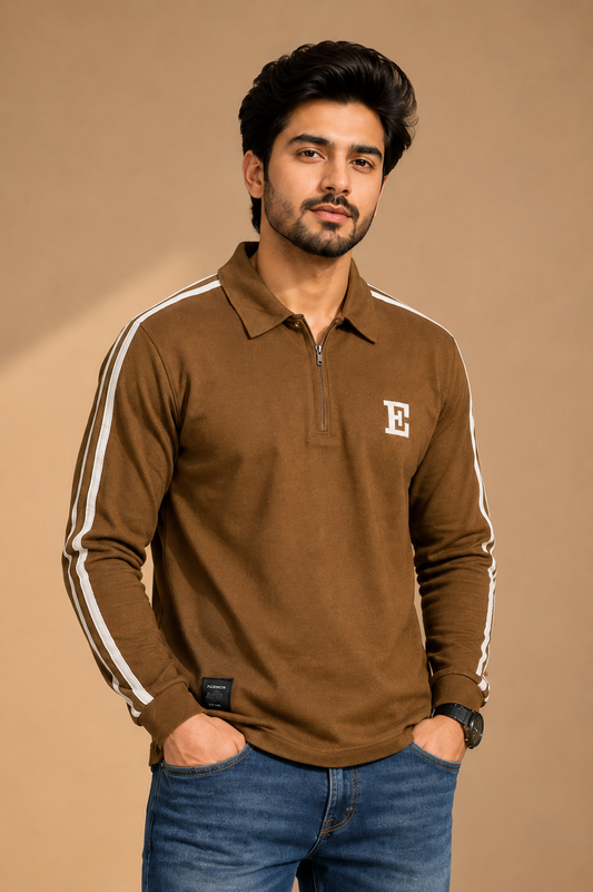 Men’s Brown Half-Zip T-Shirt with Contrast Sleeve Stripe