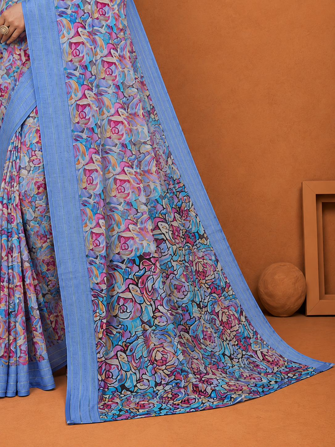 Sky Blue Floral Printed Saree with Elegant Woven Border | Lightweight Party & Festive Wear