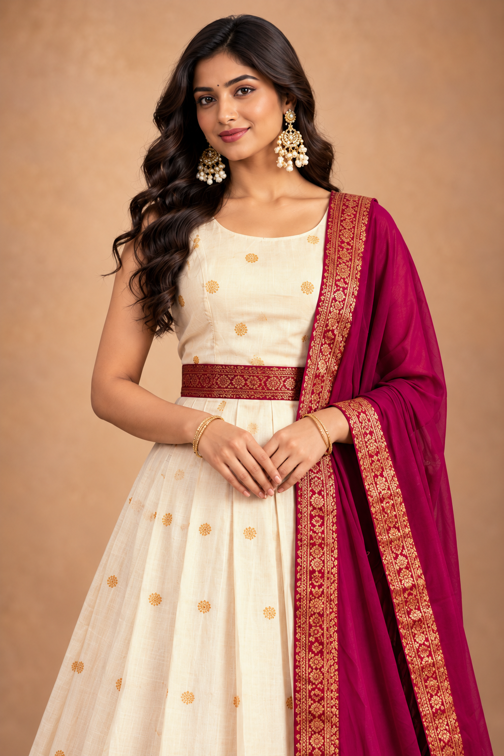 Elegant Cream & Magenta Ethnic Anarkali Gown with Dupatta