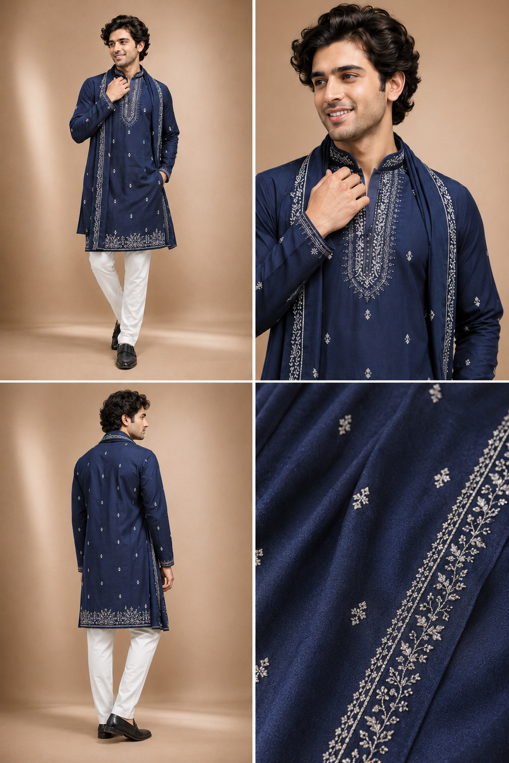 Royal Navy Blue Embroidered Kurta Dupatta Set