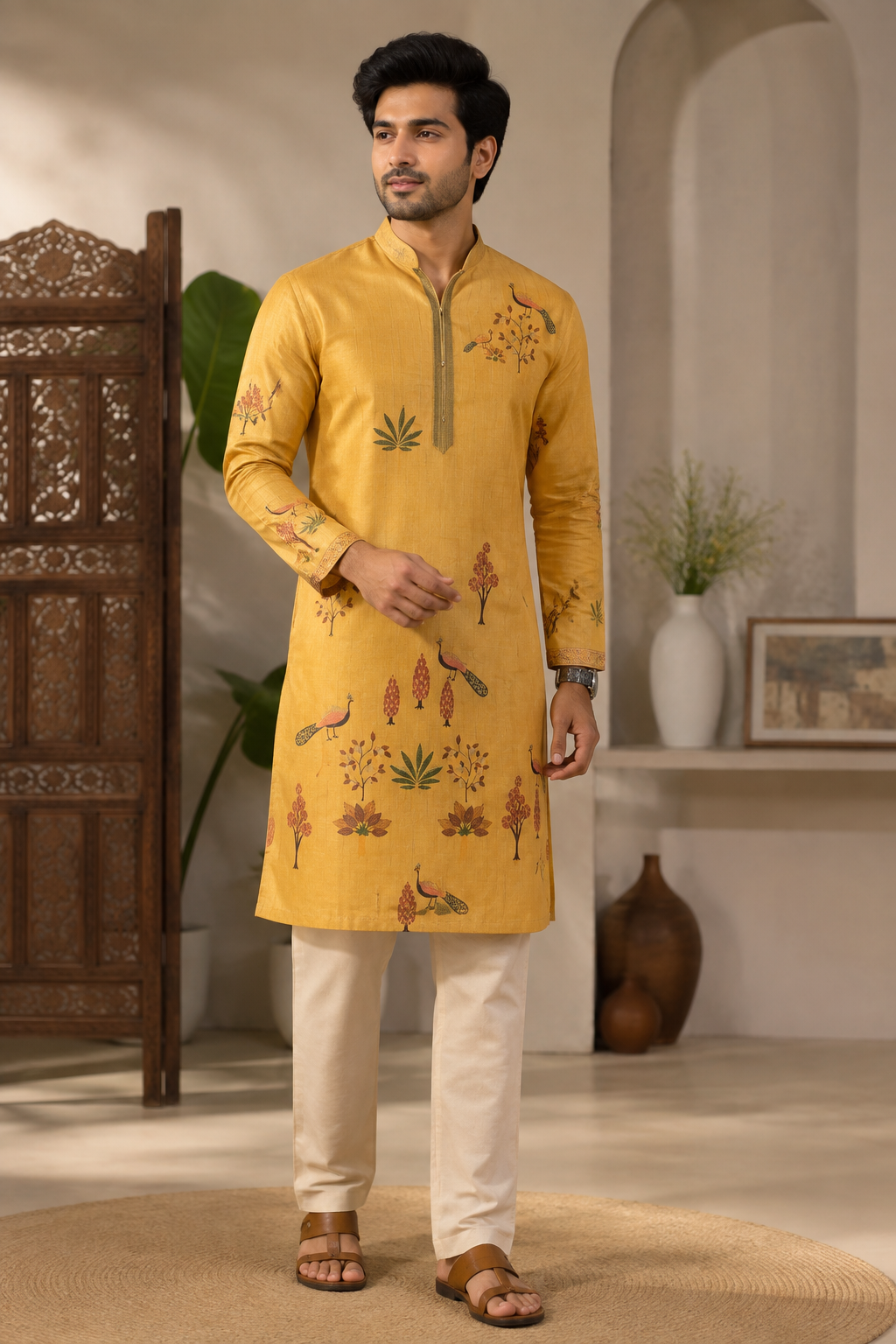 Mustard Yellow Peacock Print Festive Kurta Set