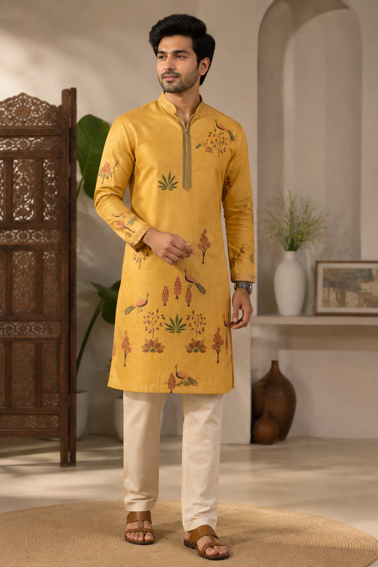 Mustard Yellow Peacock Print Festive Kurta Set