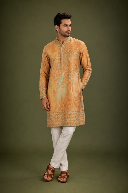 Mustard Gold Printed Men’s Festive Kurta