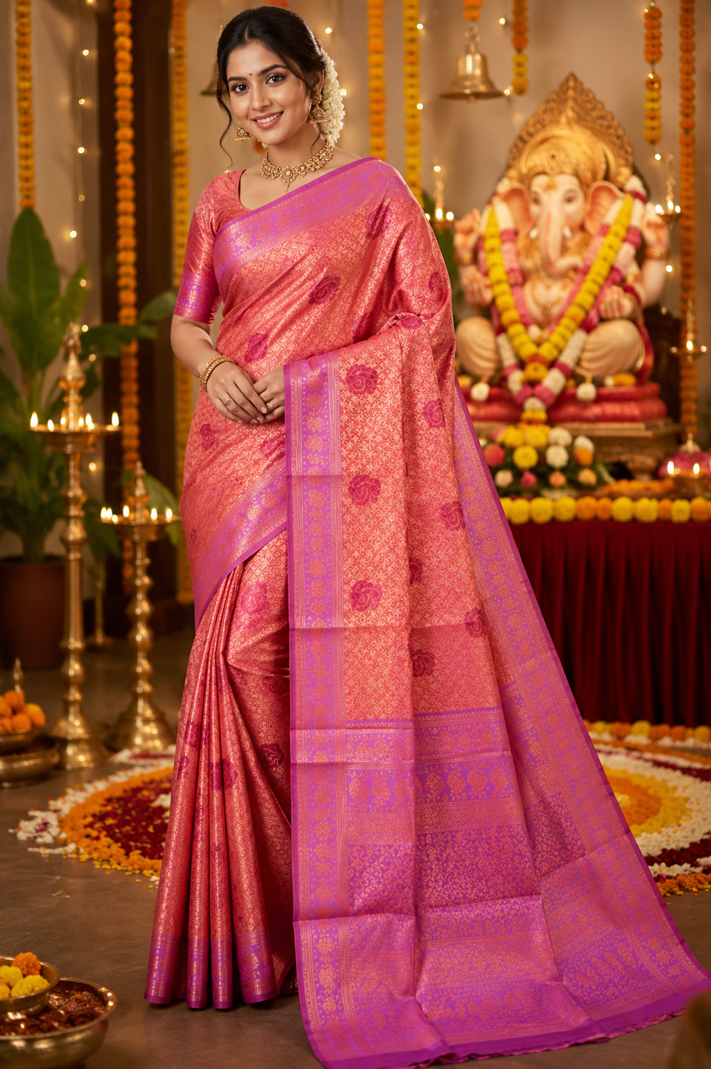 Coral Pink Banarasi Silk Saree with Purple Zari Border