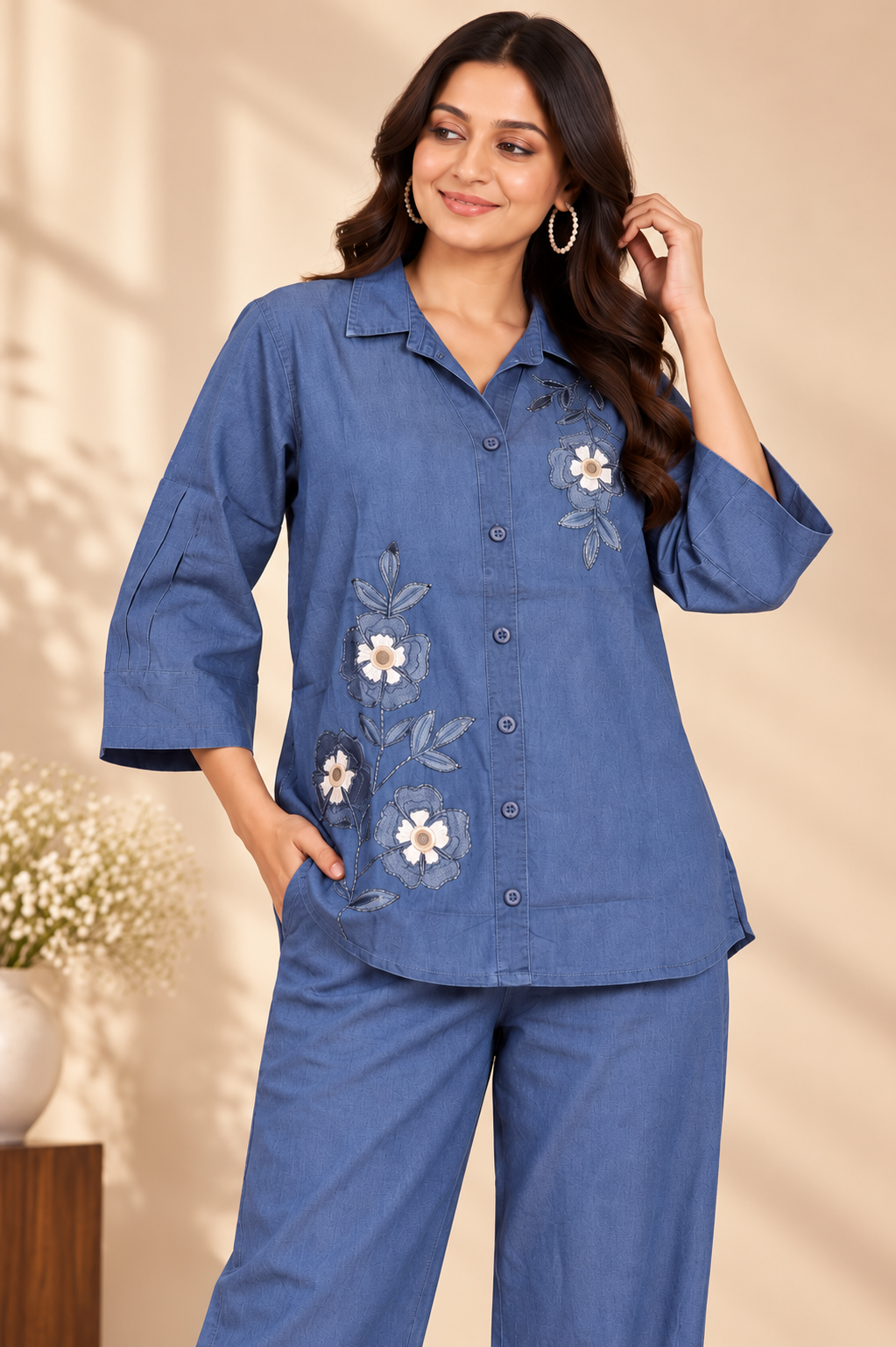 Women's Denim Blue Floral Embroidered Co-Ord Set
