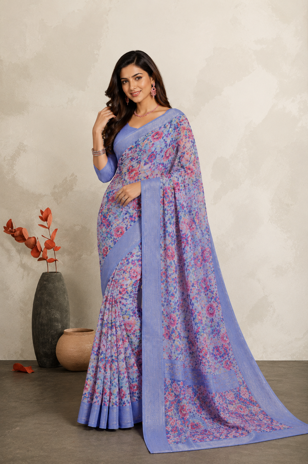 Elegant Lavender Floral Printed Saree with Woven Border
