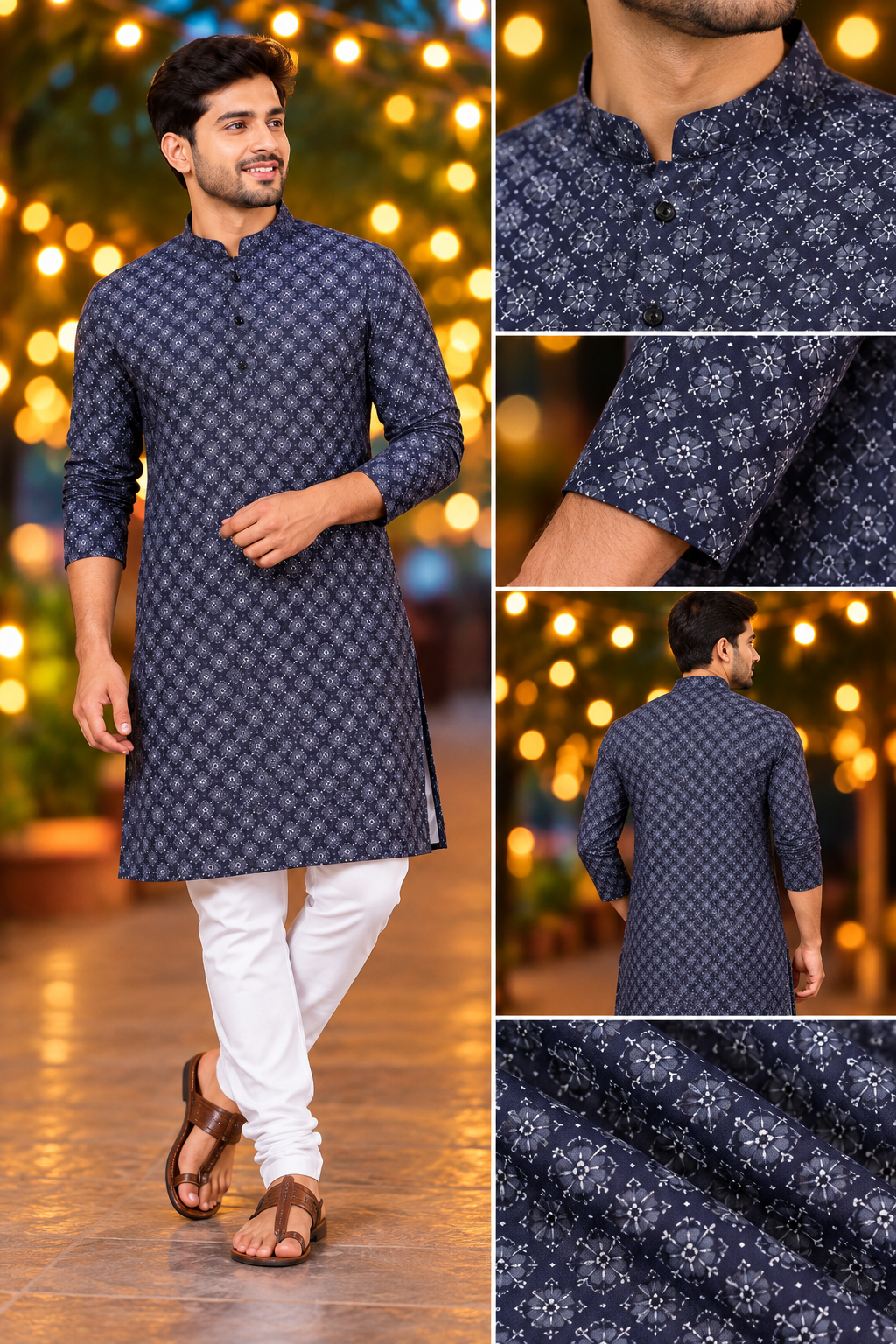 Men’s Navy Blue Micro Print Kurta