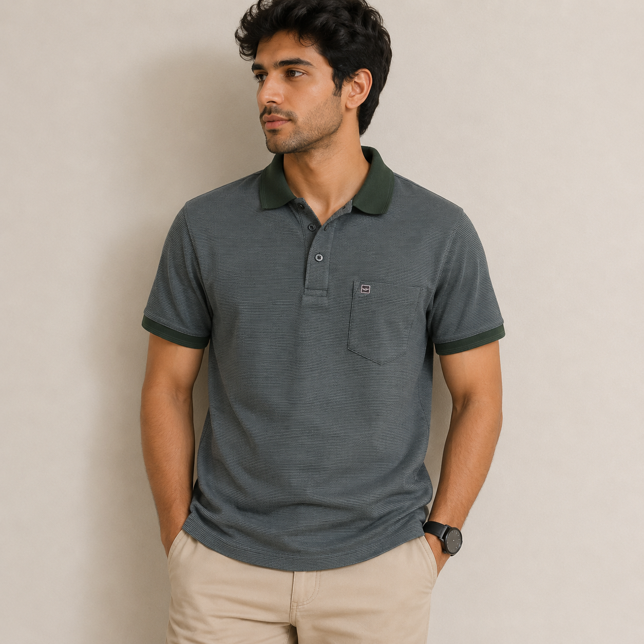 Men’s Charcoal Grey Textured Polo T-Shirt