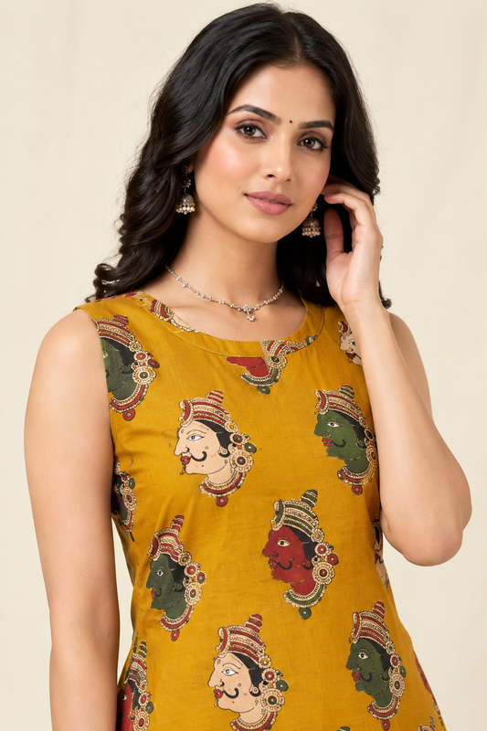 Mustard Yellow Folk Art Motif Sleeveless A-Line Kurti Co-Ord Set
