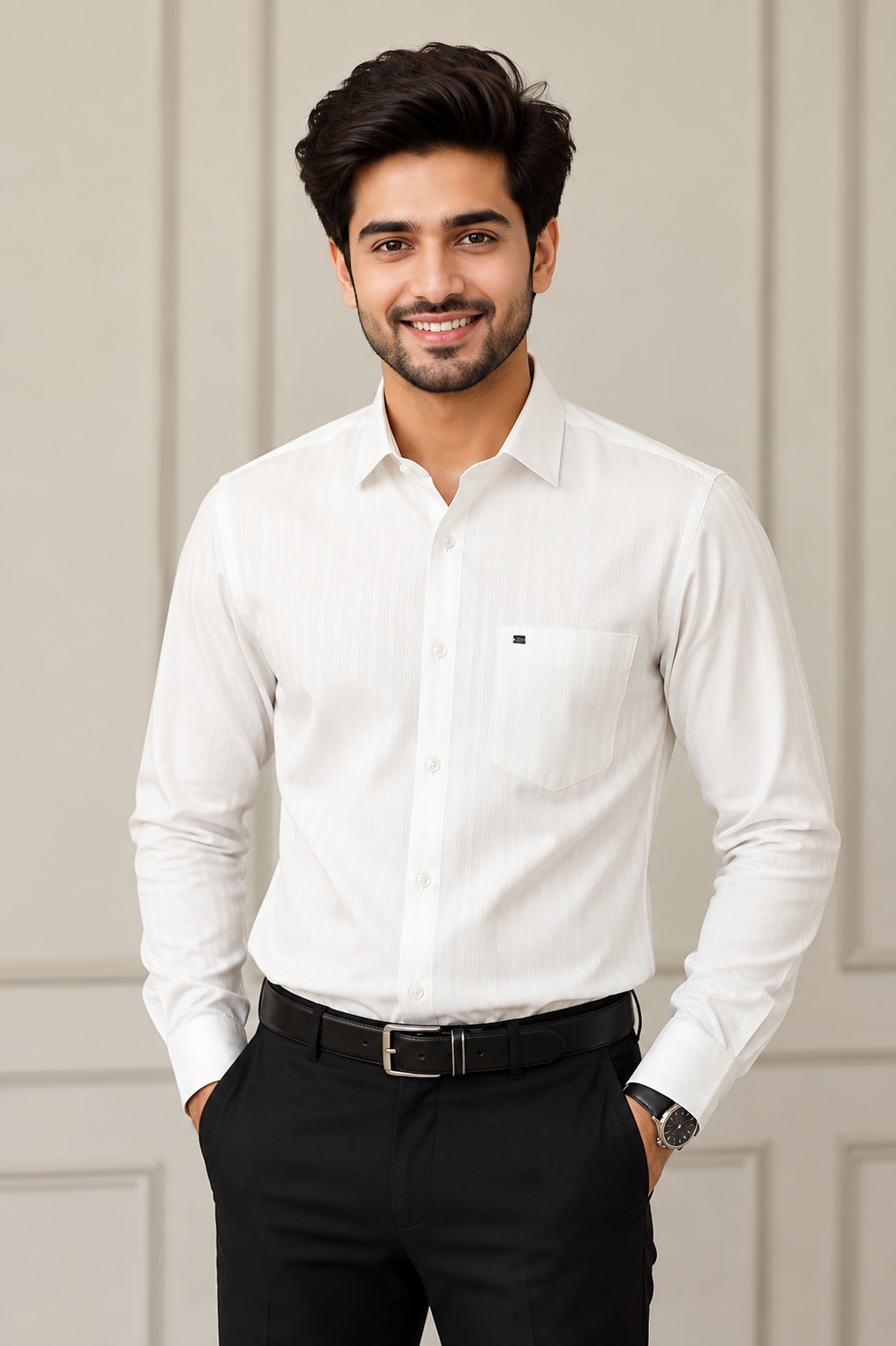 Men's Premium White Textured Formal Shirt – Full Sleeve Classic Office Wear