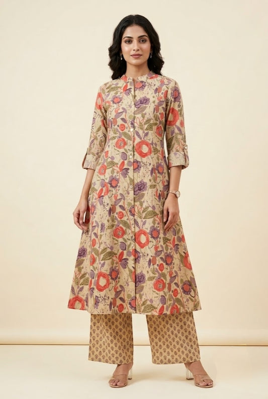 Beige Floral Button-Down Kurti & Wide-Leg Trouser Set