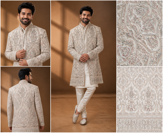 Ivory Heavy Embroidered Indo-Western Sherwani Set
