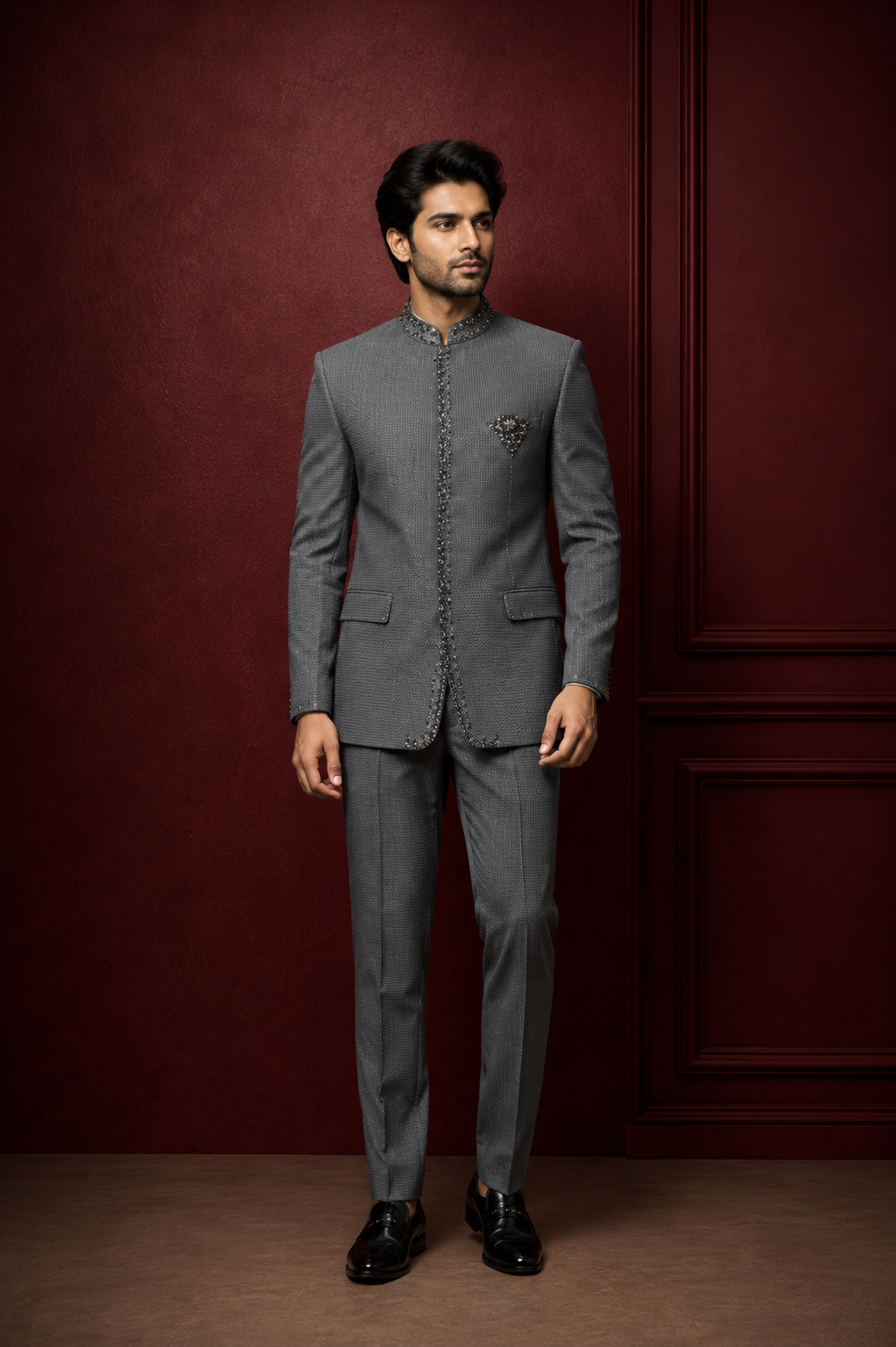 Charcoal Grey Embellished Jodhpuri Suit