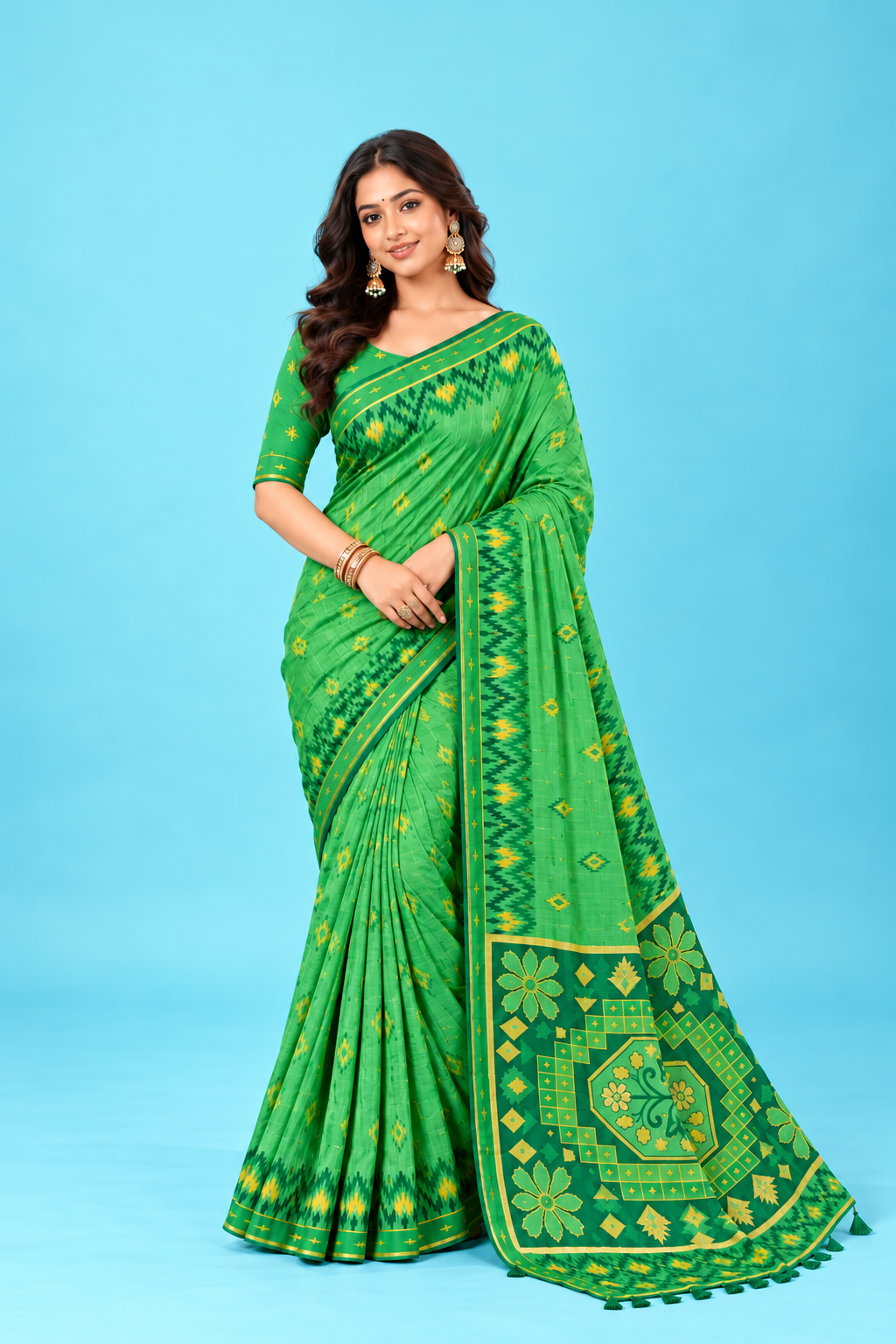 Elegant Green Ikat Printed Saree with Traditional Woven Border