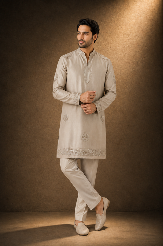 Champagne Beige Embroidered Festive Kurta Set