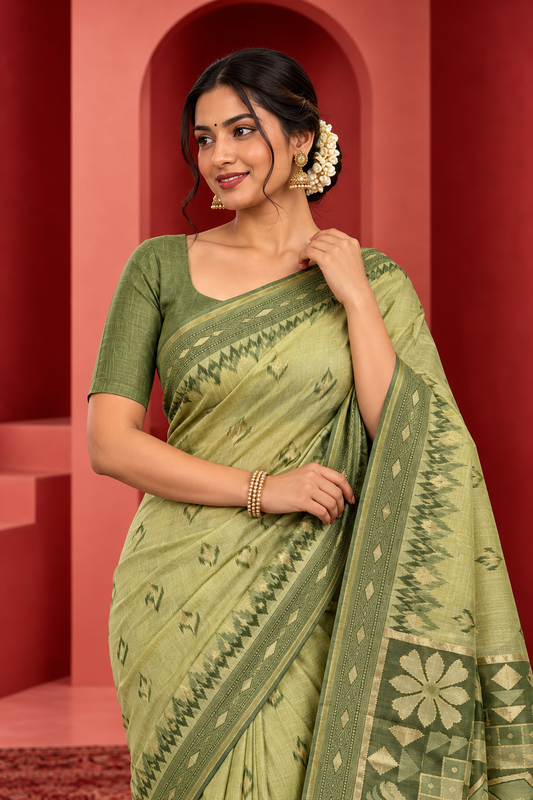 Elegant Pista Green Woven Saree with Traditional Floral Pallu