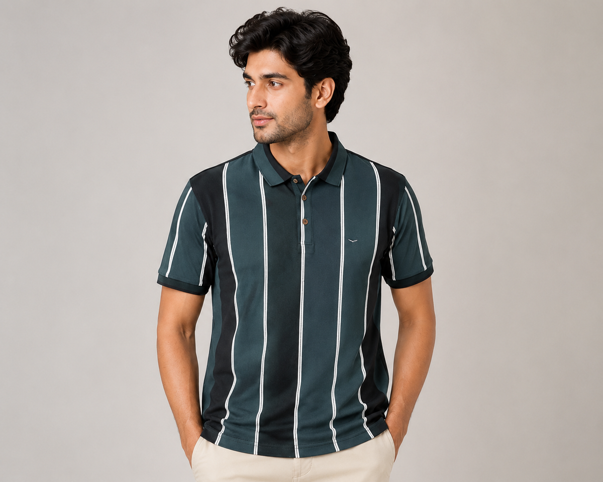 Men’s Dark Green Vertical Striped Polo T-Shirt