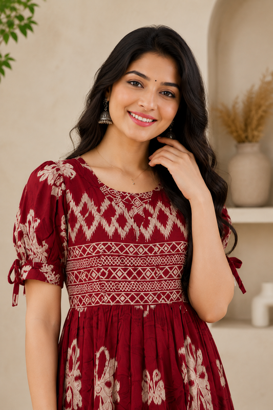 Women’s Maroon Ethnic Printed Flared Midi Dress