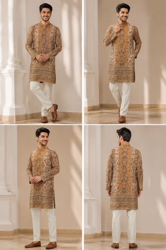 Royal Mustard Heritage Print Kurta
