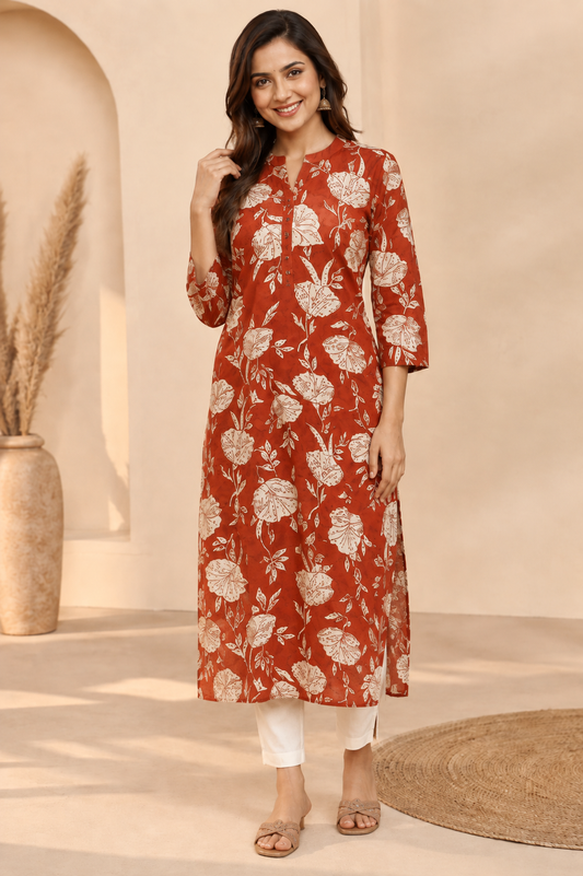 Rust Red Floral Long Kurti