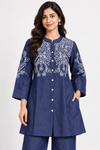 Women's Navy Blue White Floral Embroidered Denim Co-Ord Set