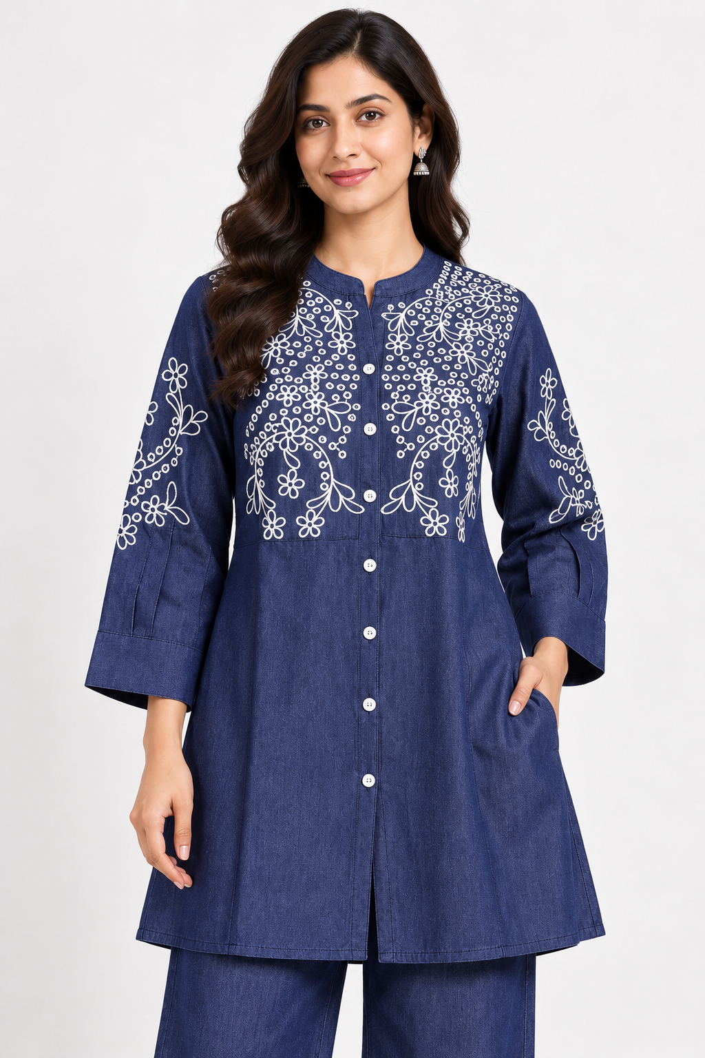 Women's Navy Blue White Floral Embroidered Denim Co-Ord Set