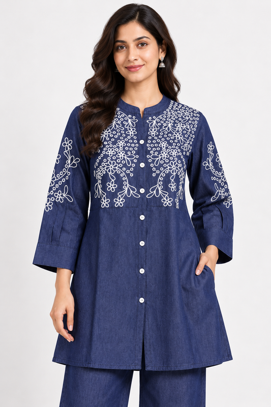 Women's Navy Blue White Floral Embroidered Denim Co-Ord Set