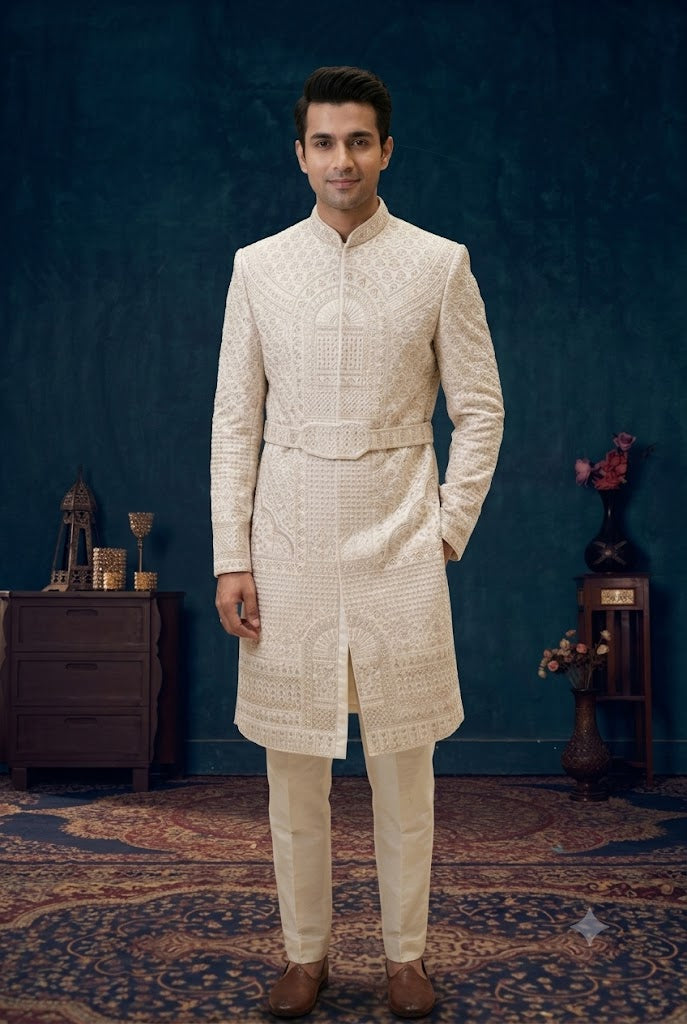 Ivory Belted Embroidered Sherwani