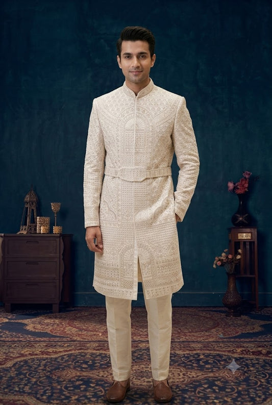 Ivory Belted Embroidered Sherwani