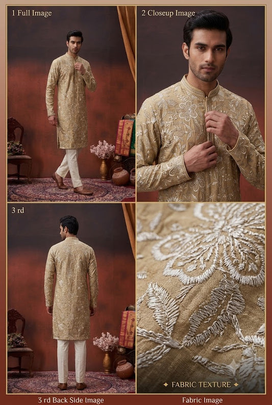 Golden Beige Floral Embroidered Kurta Set
