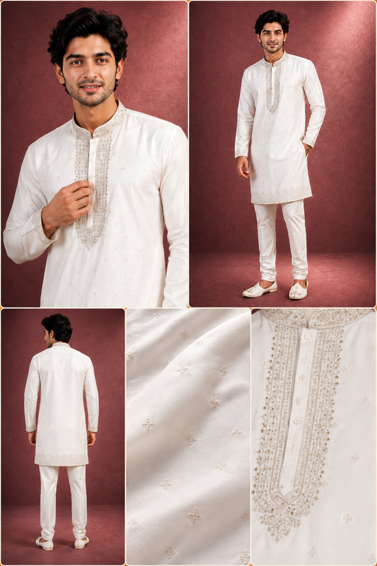 Classic White Embroidered Kurta Set for Men