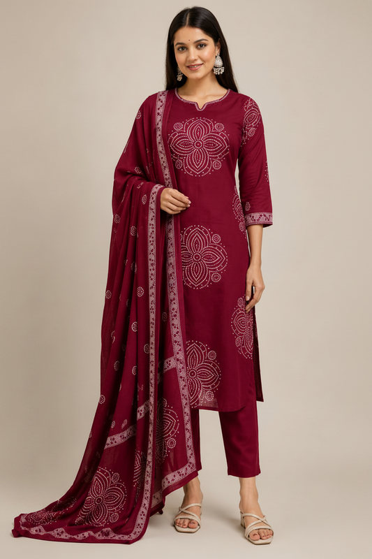 Elegant Wine Maroon Printed Kurta Pant Dupatta Set for Women