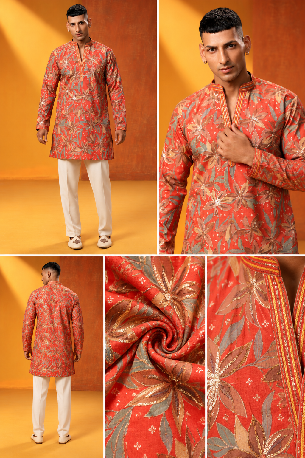 Coral Red Floral Embroidered Festive Kurta Set