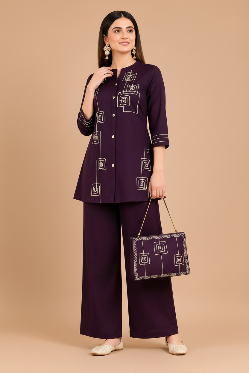 Elegant Deep Plum Printed Co-Ord Set for Women